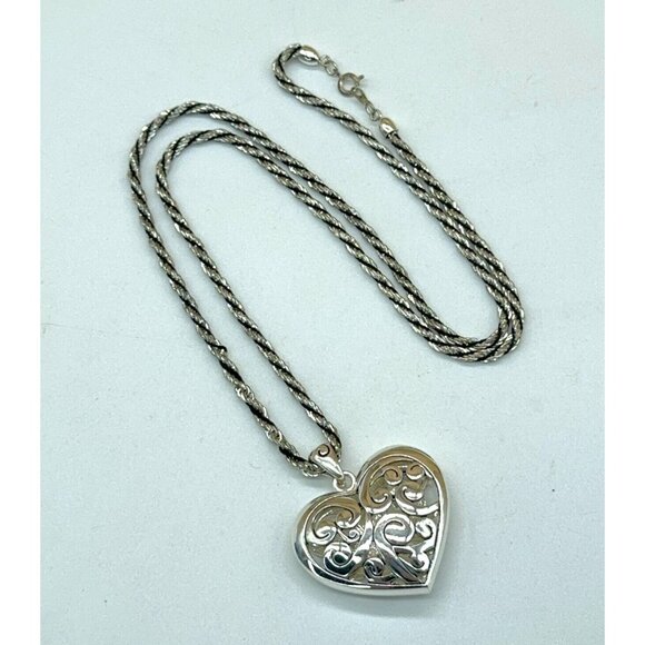 Puffy Heart Necklace Silver Tone Open Work Scroll Design Black Silver Rope Chain - Picture 3 of 8